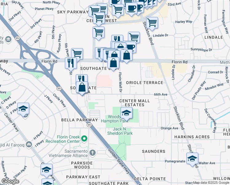 map of restaurants, bars, coffee shops, grocery stores, and more near 6131 66th Avenue in Sacramento
