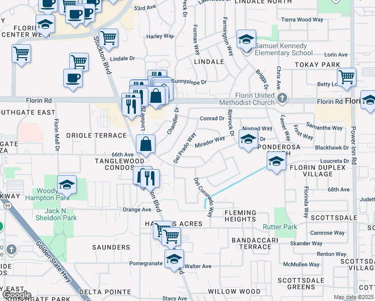 map of restaurants, bars, coffee shops, grocery stores, and more near 7241 Del Prado Way in Sacramento
