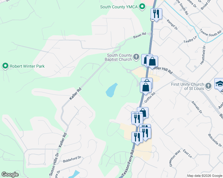 map of restaurants, bars, coffee shops, grocery stores, and more near 5400 Tesson Ridge in St. Louis