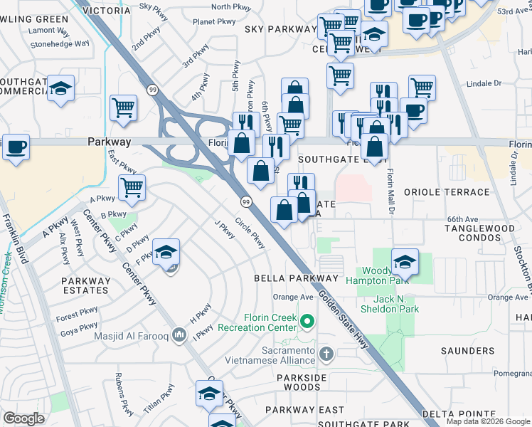 map of restaurants, bars, coffee shops, grocery stores, and more near 7290 55th Street in Sacramento