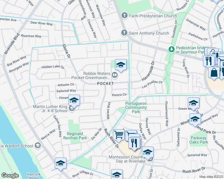 map of restaurants, bars, coffee shops, grocery stores, and more near Perera Cir & Capela Way in Sacramento