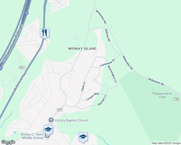 map of restaurants, bars, coffee shops, grocery stores, and more near 54 Clark Lane in Stafford