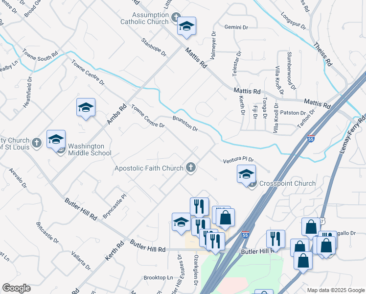 map of restaurants, bars, coffee shops, grocery stores, and more near 4552 Towne Centre Drive in St. Louis