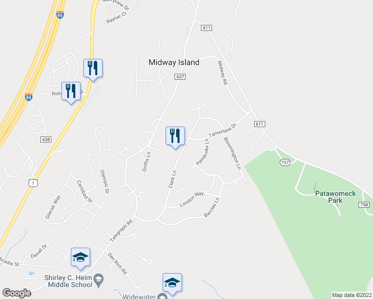 map of restaurants, bars, coffee shops, grocery stores, and more near 54 Clark Lane in Stafford