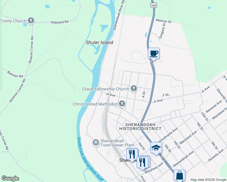 map of restaurants, bars, coffee shops, grocery stores, and more near 208 North First Street in Shenandoah