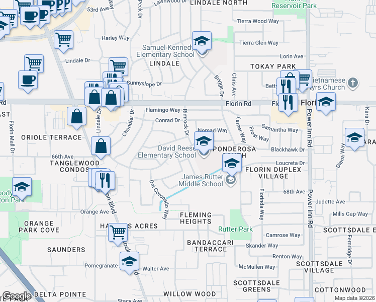 map of restaurants, bars, coffee shops, grocery stores, and more near 7600 Lindale Drive in Sacramento
