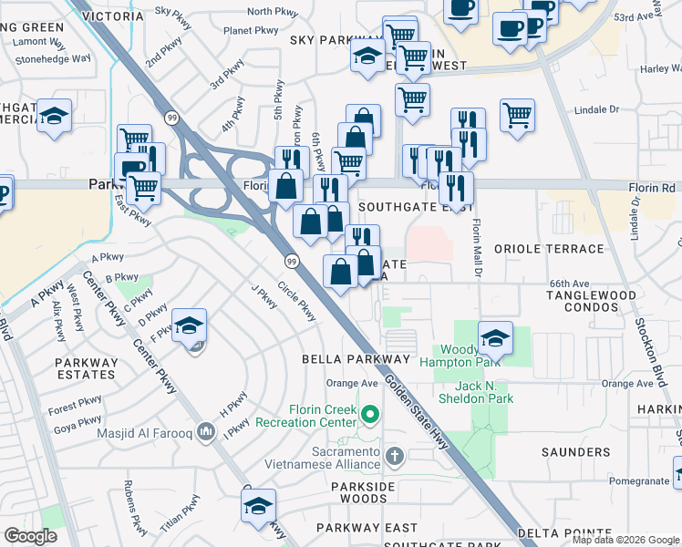 map of restaurants, bars, coffee shops, grocery stores, and more near 7290 55th Street in Sacramento