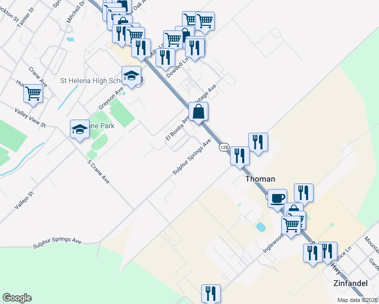 map of restaurants, bars, coffee shops, grocery stores, and more near 1356 Sulphur Springs Avenue in Saint Helena
