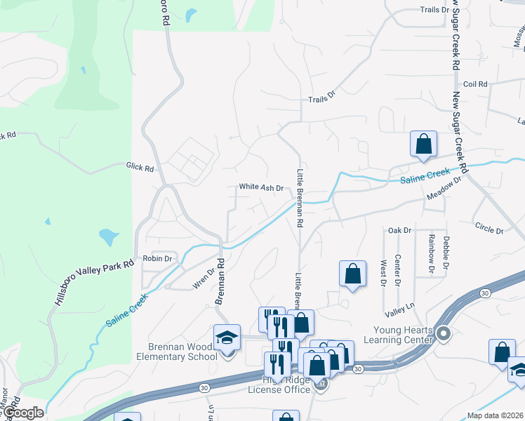 map of restaurants, bars, coffee shops, grocery stores, and more near 4641 Brennan Woods Drive in High Ridge