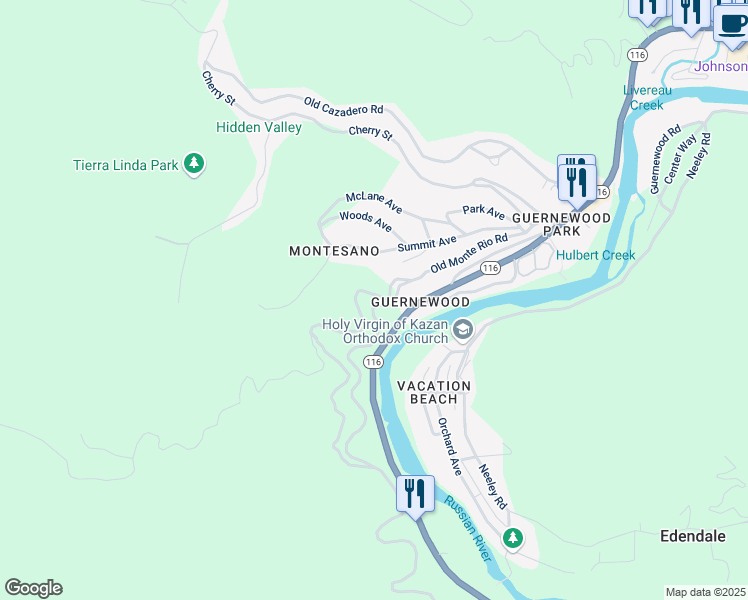 map of restaurants, bars, coffee shops, grocery stores, and more near 17570 Old Monte Rio Road in Guerneville