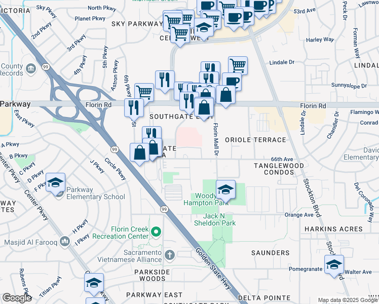 map of restaurants, bars, coffee shops, grocery stores, and more near 5959 66th Avenue in Sacramento