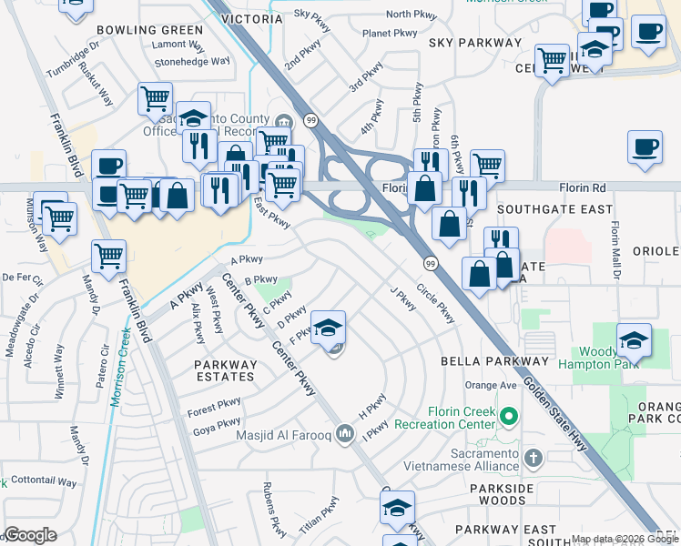 map of restaurants, bars, coffee shops, grocery stores, and more near 4830 D Parkway in Sacramento
