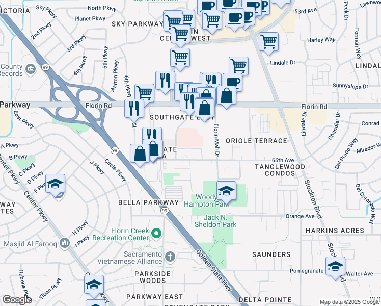 map of restaurants, bars, coffee shops, grocery stores, and more near 5959 66th Avenue in Sacramento