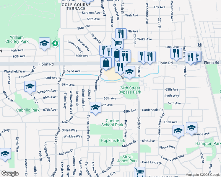 map of restaurants, bars, coffee shops, grocery stores, and more near 2291 North Manor Drive in Sacramento