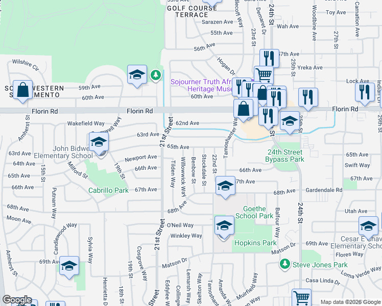 map of restaurants, bars, coffee shops, grocery stores, and more near 7304 Benbow Street in Sacramento