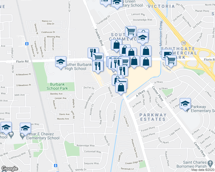 map of restaurants, bars, coffee shops, grocery stores, and more near 7280 Mandy Drive in Sacramento