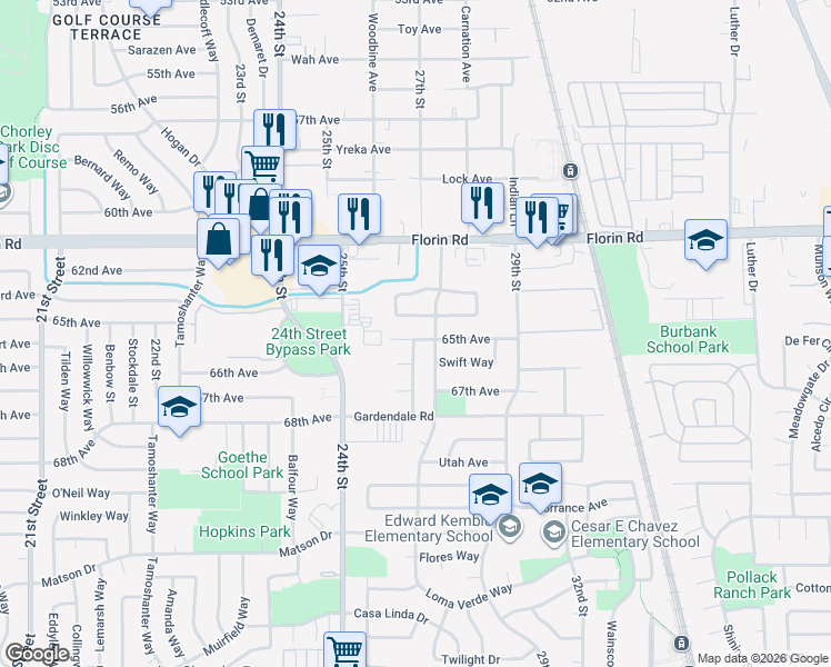 map of restaurants, bars, coffee shops, grocery stores, and more near 2551 65th Avenue in Sacramento