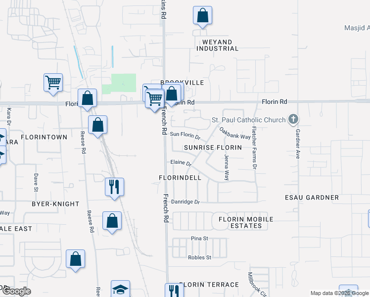 map of restaurants, bars, coffee shops, grocery stores, and more near 8551 Bellamy Way in Sacramento