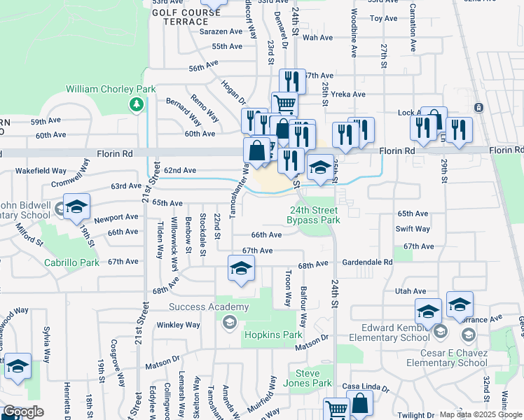 map of restaurants, bars, coffee shops, grocery stores, and more near 2291 North Manor Drive in Sacramento