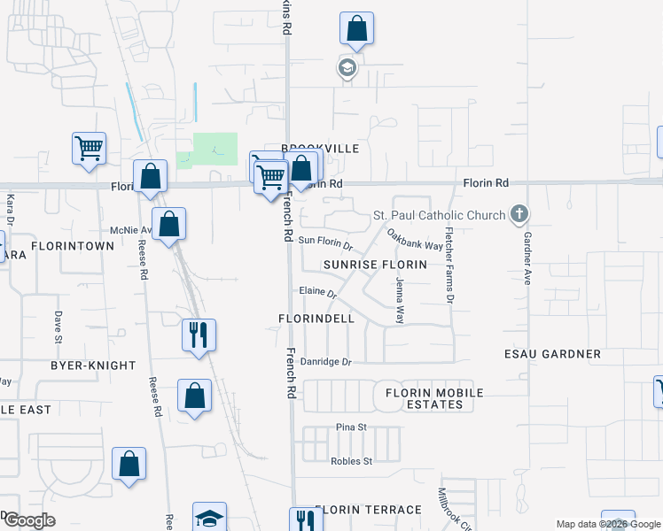 map of restaurants, bars, coffee shops, grocery stores, and more near in Sacramento