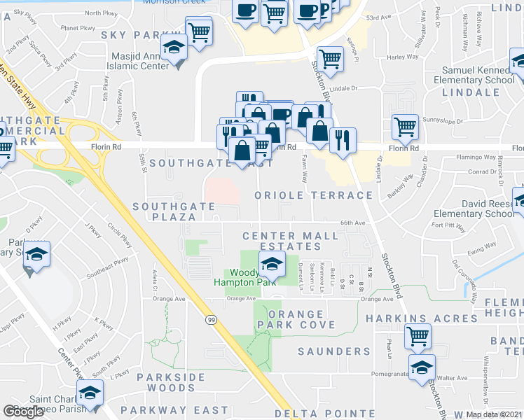 map of restaurants, bars, coffee shops, grocery stores, and more near 7283 Florin Mall Drive in Sacramento