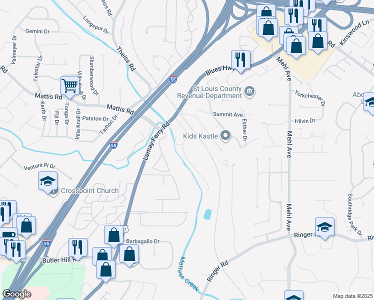 map of restaurants, bars, coffee shops, grocery stores, and more near 33 Kassebaum Lane in St. Louis