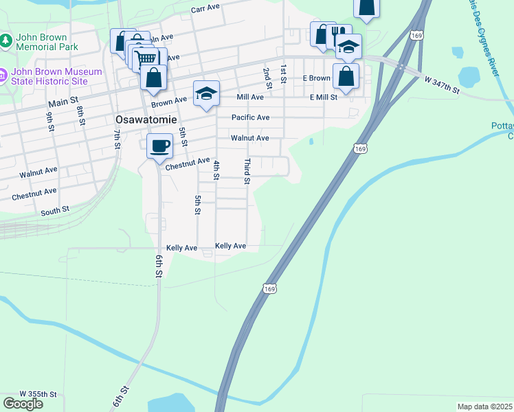 map of restaurants, bars, coffee shops, grocery stores, and more near 1101 3rd Street in Osawatomie