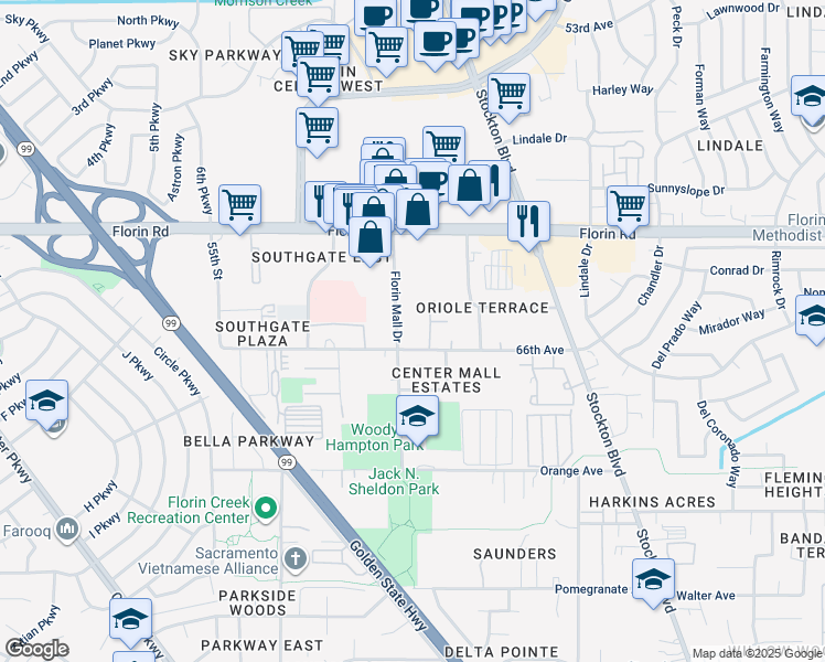 map of restaurants, bars, coffee shops, grocery stores, and more near 7283 Florin Mall Drive in Sacramento
