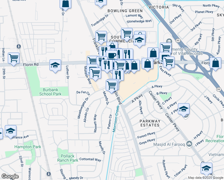 map of restaurants, bars, coffee shops, grocery stores, and more near 7290 Franklin Boulevard in Sacramento