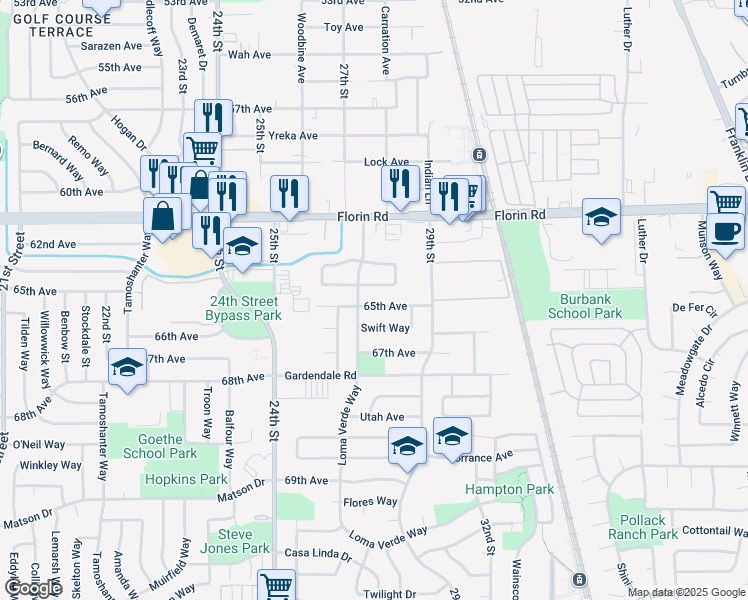 map of restaurants, bars, coffee shops, grocery stores, and more near 2741 65th Avenue in Sacramento