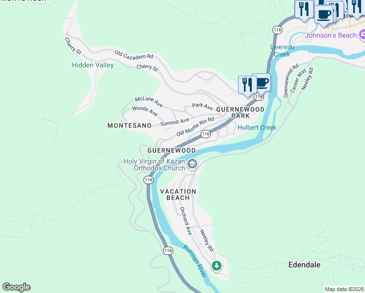 map of restaurants, bars, coffee shops, grocery stores, and more near 17490 California 116 in Guerneville