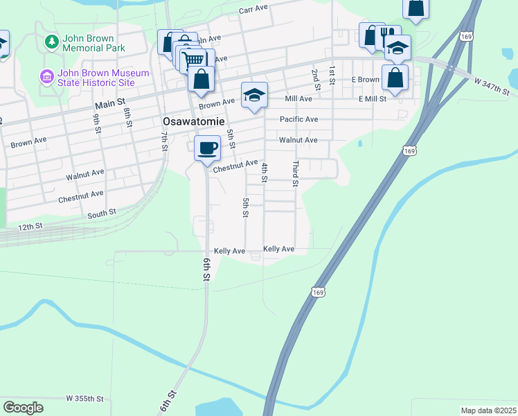 map of restaurants, bars, coffee shops, grocery stores, and more near 1102 4th Street in Osawatomie