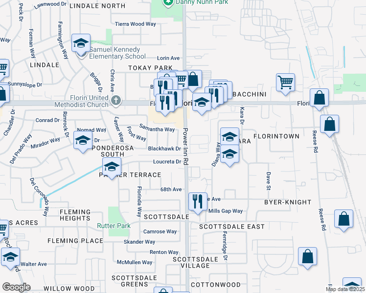 map of restaurants, bars, coffee shops, grocery stores, and more near 8053 Blackhawk Drive in Sacramento