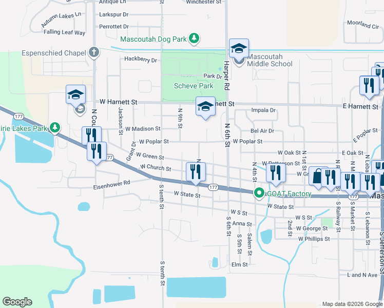 map of restaurants, bars, coffee shops, grocery stores, and more near 215 North 8th Street in Mascoutah