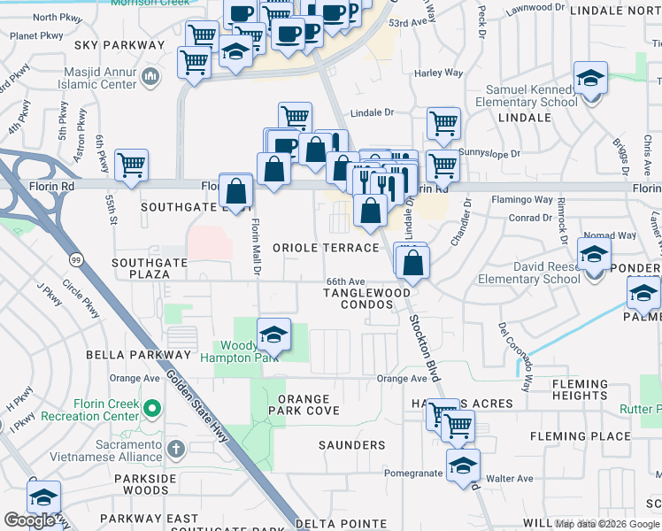 map of restaurants, bars, coffee shops, grocery stores, and more near 7287 Fawn Way in Sacramento