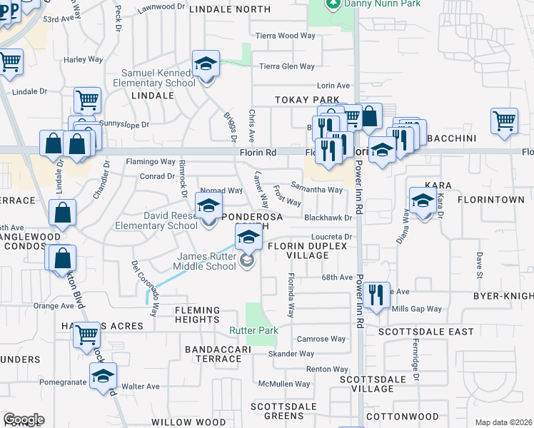 map of restaurants, bars, coffee shops, grocery stores, and more near 7536 Blackhawk Drive in Sacramento