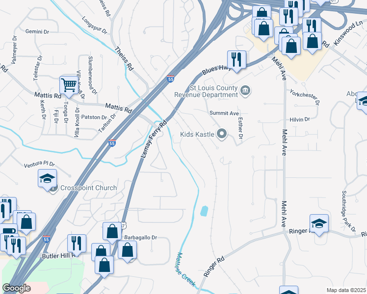 map of restaurants, bars, coffee shops, grocery stores, and more near 37 Kassebaum Lane in St. Louis