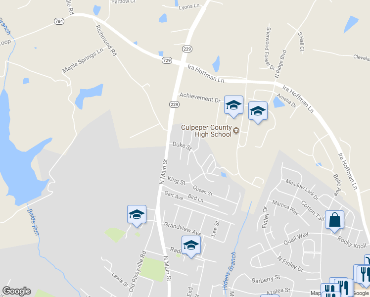 map of restaurants, bars, coffee shops, grocery stores, and more near 151 Duke Street in Culpeper