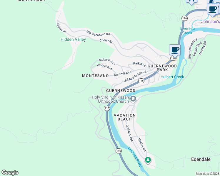 map of restaurants, bars, coffee shops, grocery stores, and more near 17570 Old Monte Rio Road in Guerneville