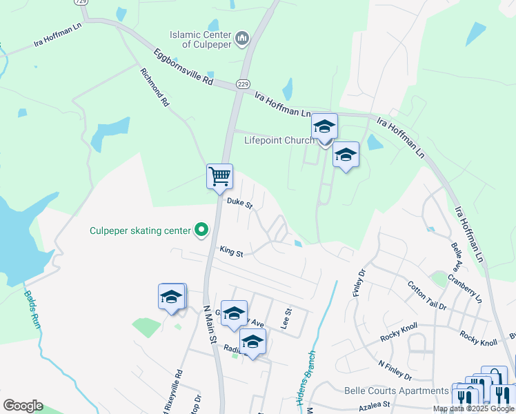 map of restaurants, bars, coffee shops, grocery stores, and more near 1670 Pin Oak Drive in Culpeper