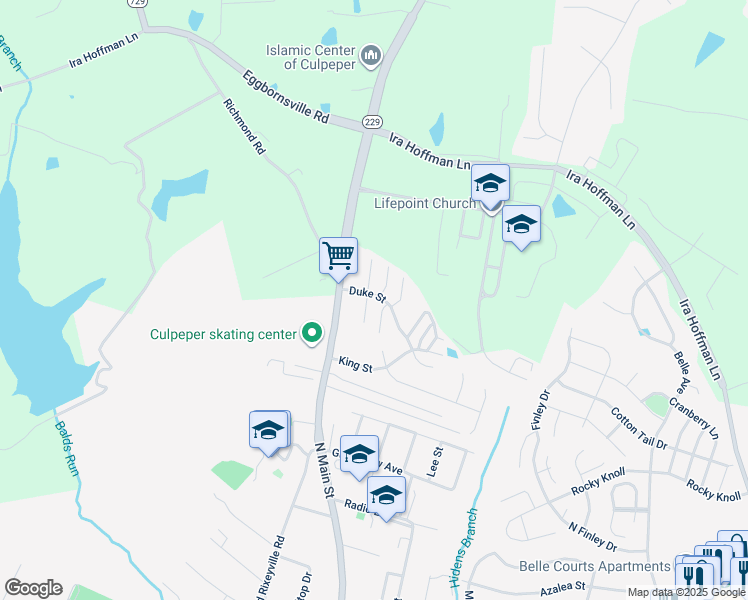 map of restaurants, bars, coffee shops, grocery stores, and more near 151 Duke Street in Culpeper