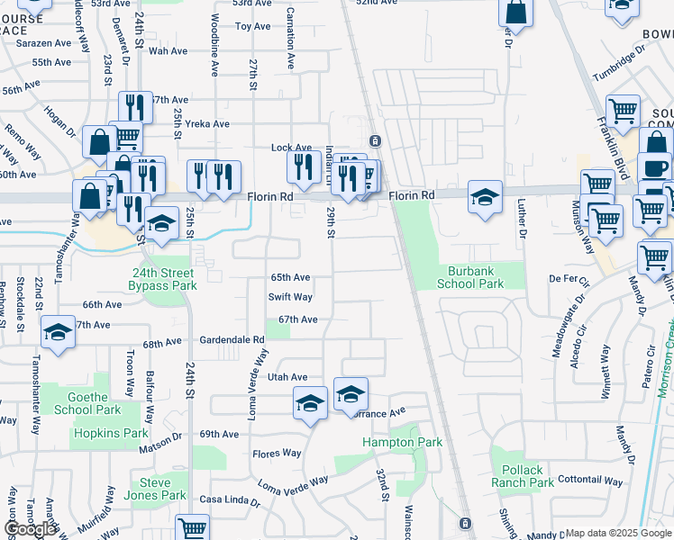 map of restaurants, bars, coffee shops, grocery stores, and more near 2900 South Meadows Place in Sacramento