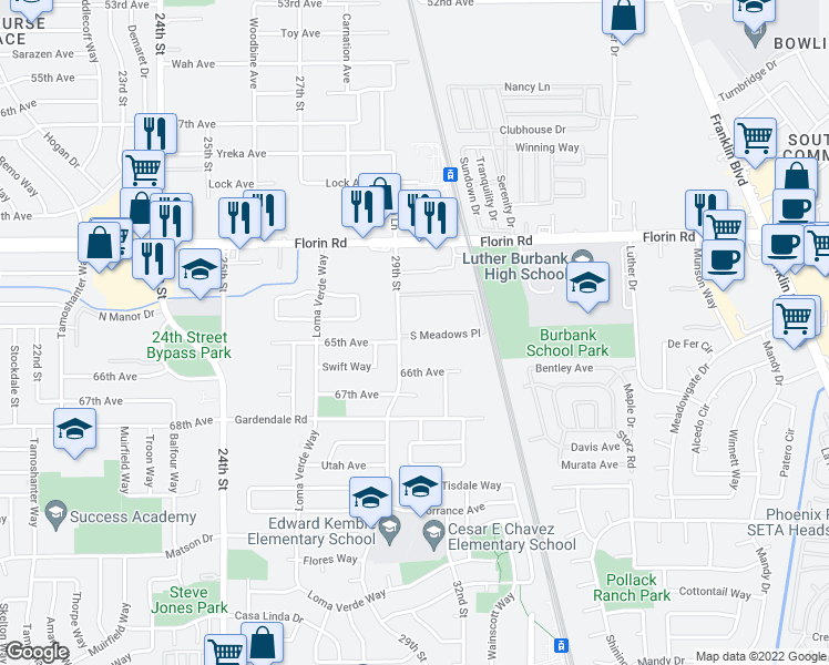 map of restaurants, bars, coffee shops, grocery stores, and more near 2906 South Meadows Place in Sacramento