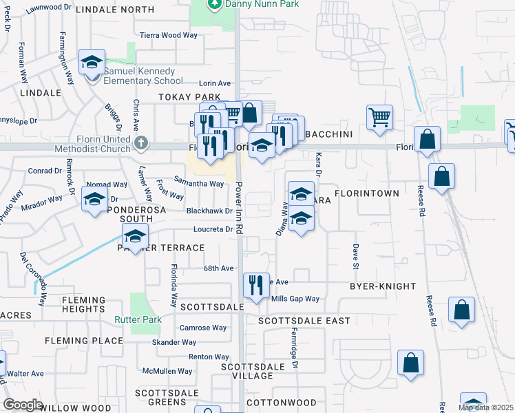 map of restaurants, bars, coffee shops, grocery stores, and more near 8053 Blackhawk Drive in Sacramento