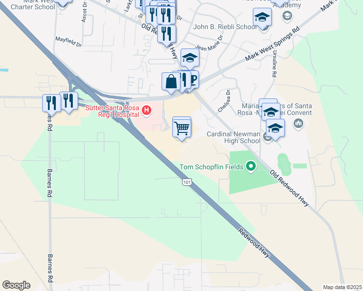 map of restaurants, bars, coffee shops, grocery stores, and more near 50 Mark West Springs Road in Santa Rosa