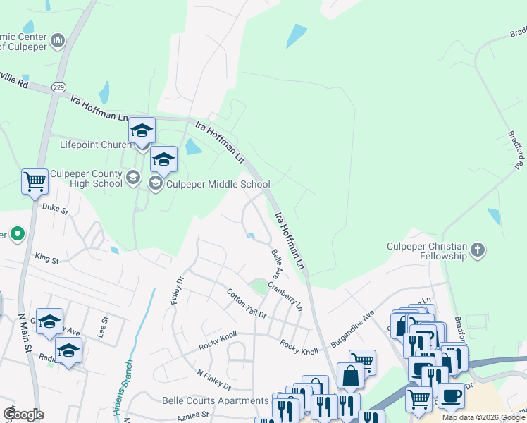 map of restaurants, bars, coffee shops, grocery stores, and more near 13312 Daisy Meadow Lane in Culpeper