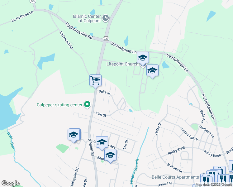 map of restaurants, bars, coffee shops, grocery stores, and more near 1673 Pin Oak Drive in Culpeper