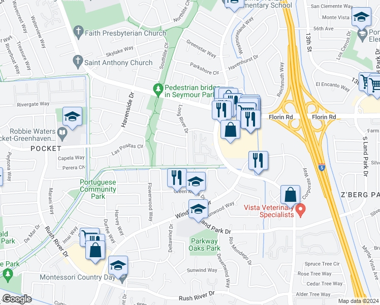 map of restaurants, bars, coffee shops, grocery stores, and more near 7267 Long River Drive in Sacramento