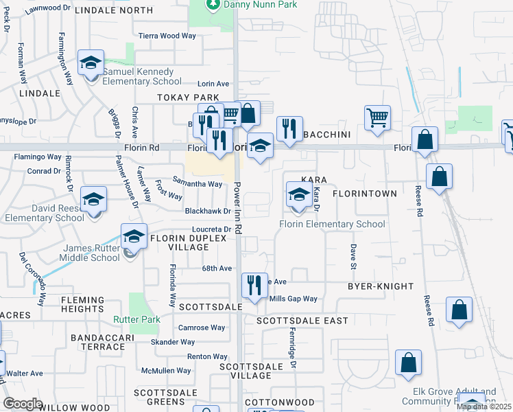 map of restaurants, bars, coffee shops, grocery stores, and more near 7243 Power Inn Road in Sacramento