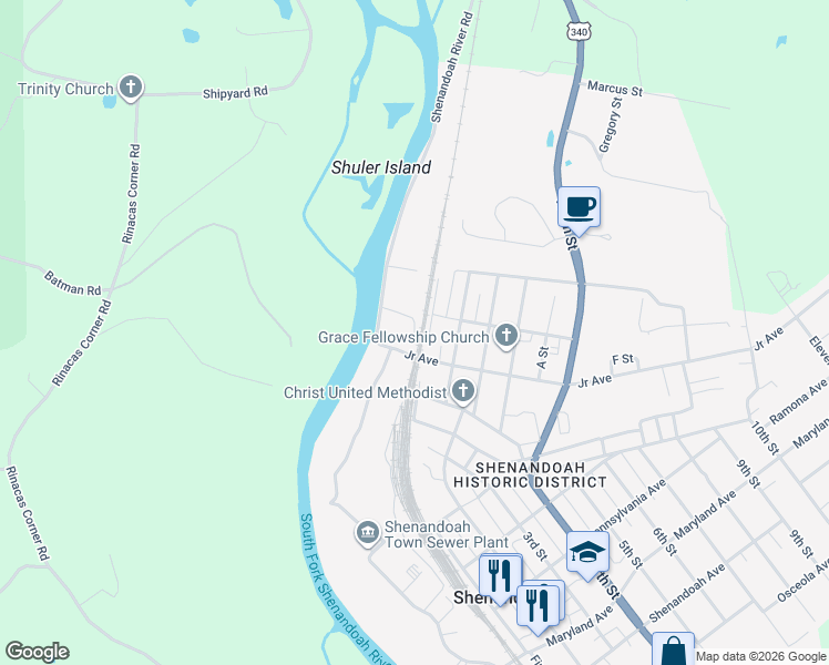 map of restaurants, bars, coffee shops, grocery stores, and more near 208 North 1st Street in Shenandoah